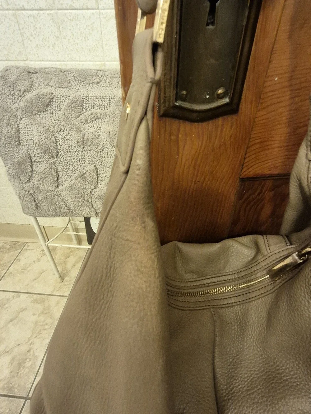 Tory Burch Taupe Pebbled Leather Hobo with Gold Logo Medallion